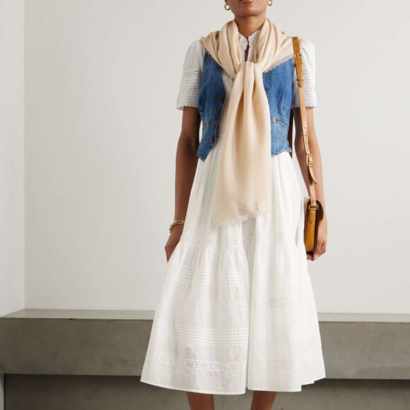 POLO RALPH LAUREN Lace-trimmed pintucked cotton midi dress